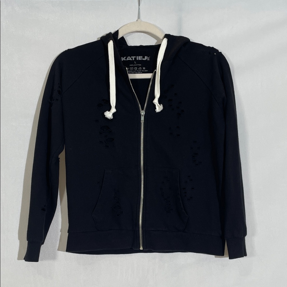 Katie J NYC Girl’s Full Zip Hoodie Size L Black With Distressing 100% Cotton